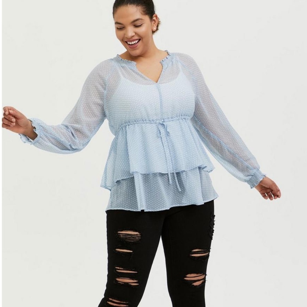 Torrid Light Blue Swiss Dot Crinkle Chiffon Drawstring Blouse Top
